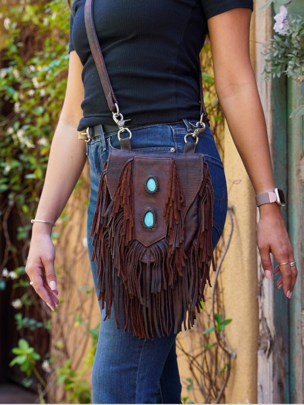 Fringed Brown Leather Crossbody Bag with Turquoise Accents